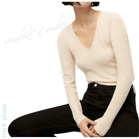 J.Crew JCREW XS Soft Ribbed Puff Sleeve V-Neck Sweater WARM ALMOND Ivory Cream - Picture 5 of 9